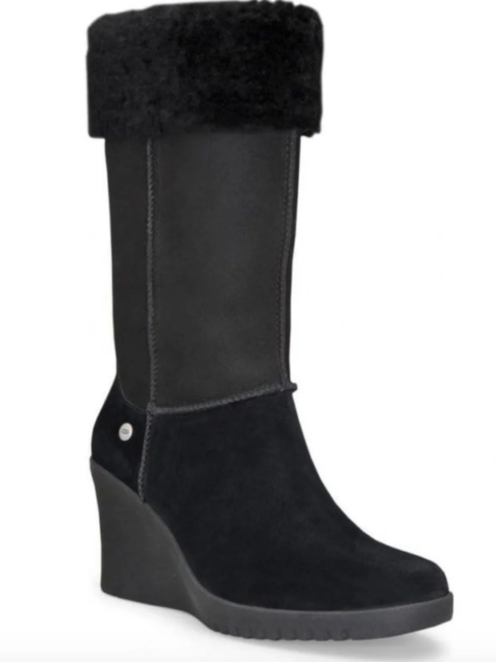UGG Australia Joslyn Black Suede Fur Cuff Wedge Boots Sz 9, Wear Up or Down Sz 9
